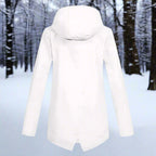 White Women's Rain Jacket With Hood — Daisy Waterproof Zip-Up Longline - Back View Plain