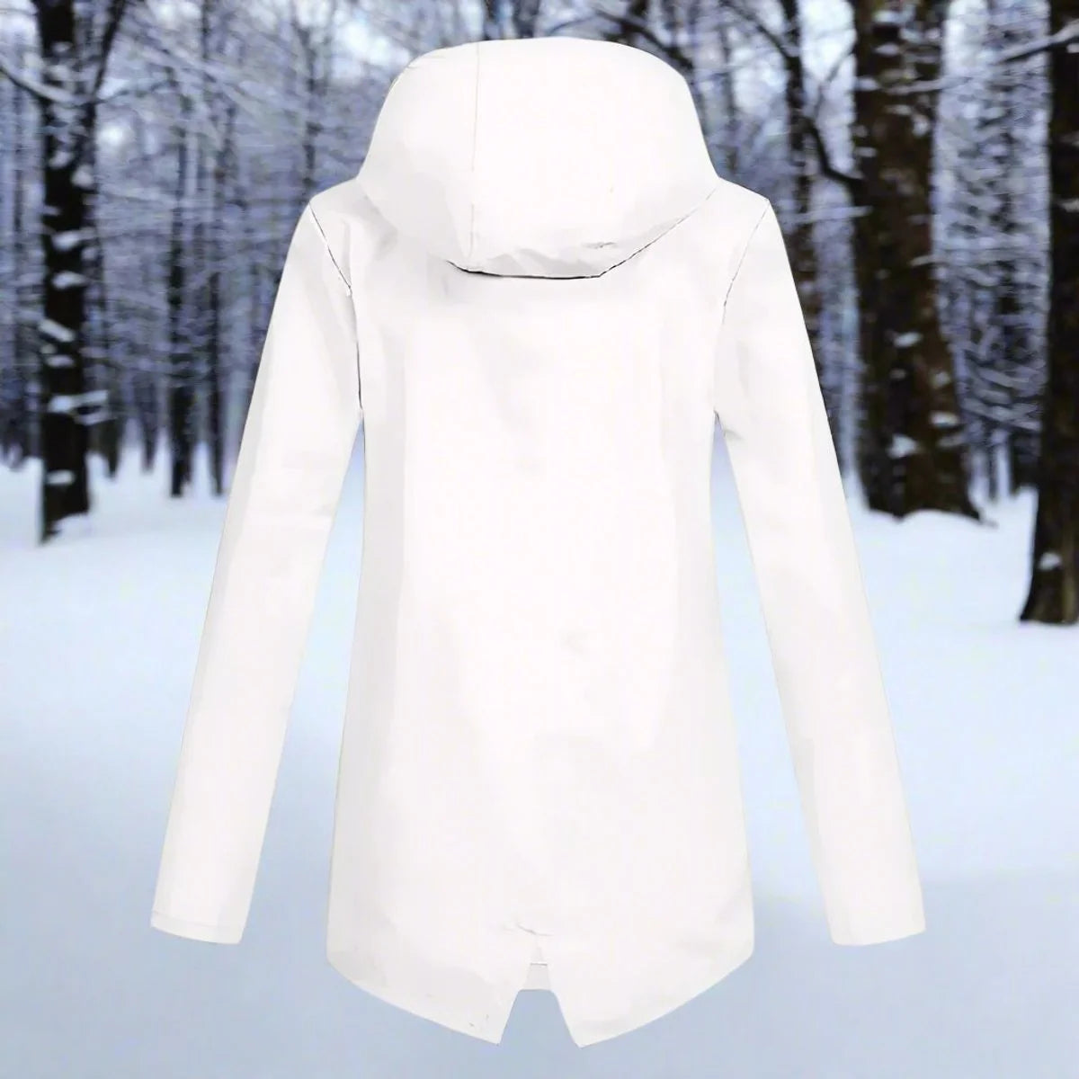 White Women's Rain Jacket With Hood — Daisy Waterproof Zip-Up Longline - Back View Plain