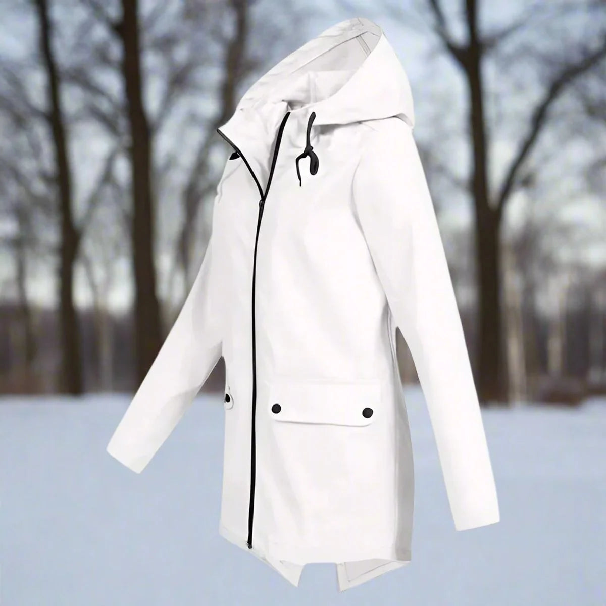 White Women's Rain Jacket With Hood — Daisy Waterproof Zip-Up Longline - Front Angle Floating