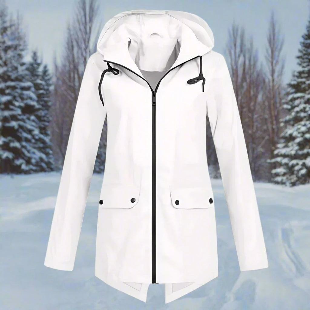 White Women's Rain Jacket With Hood — Daisy Waterproof Zip-Up Longline - Front Flat Lay