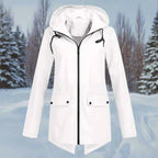 White Women's Rain Jacket With Hood — Daisy Waterproof Zip-Up Longline - Front Flat Lay