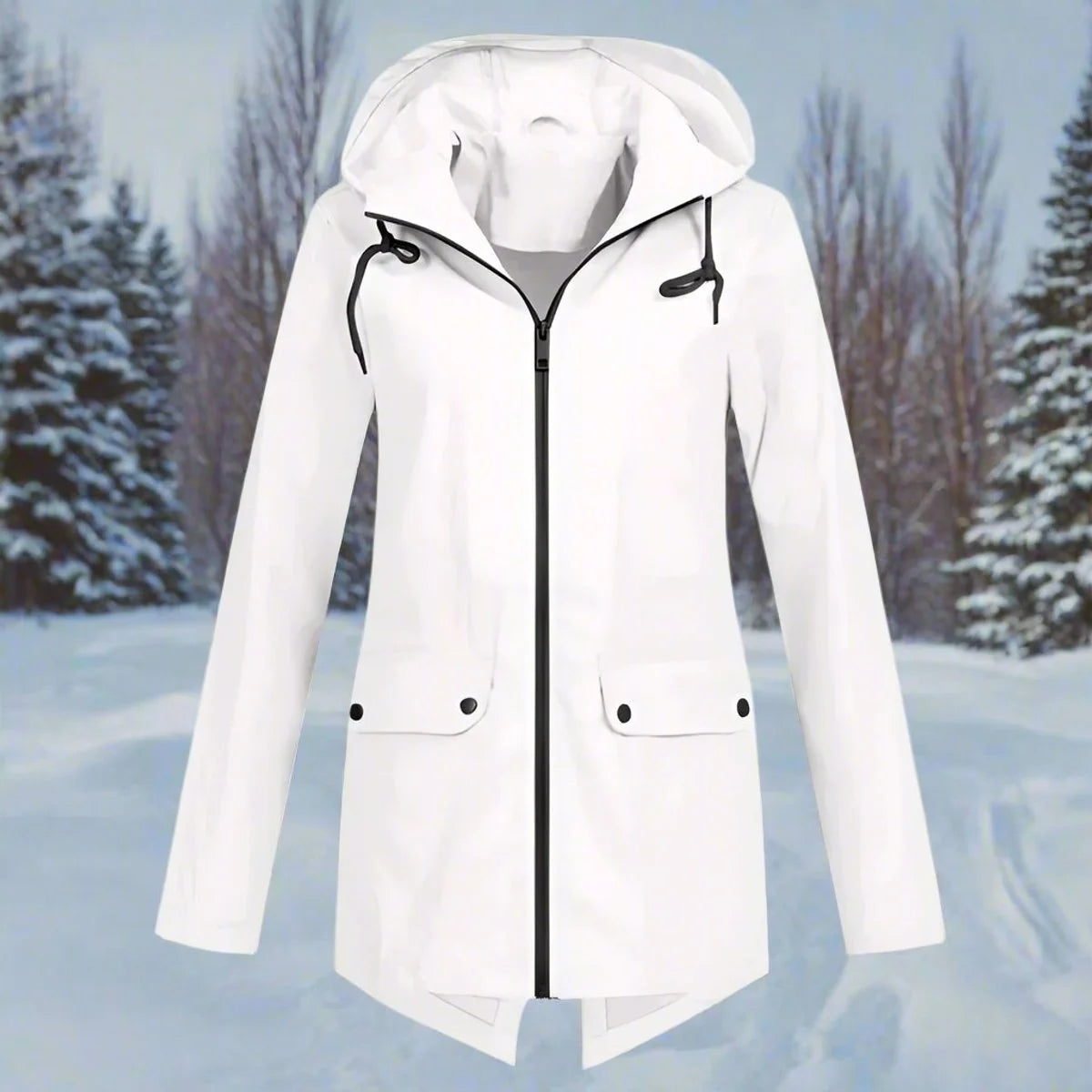 White Women's Rain Jacket With Hood — Daisy Waterproof Zip-Up Longline - Front Flat Lay