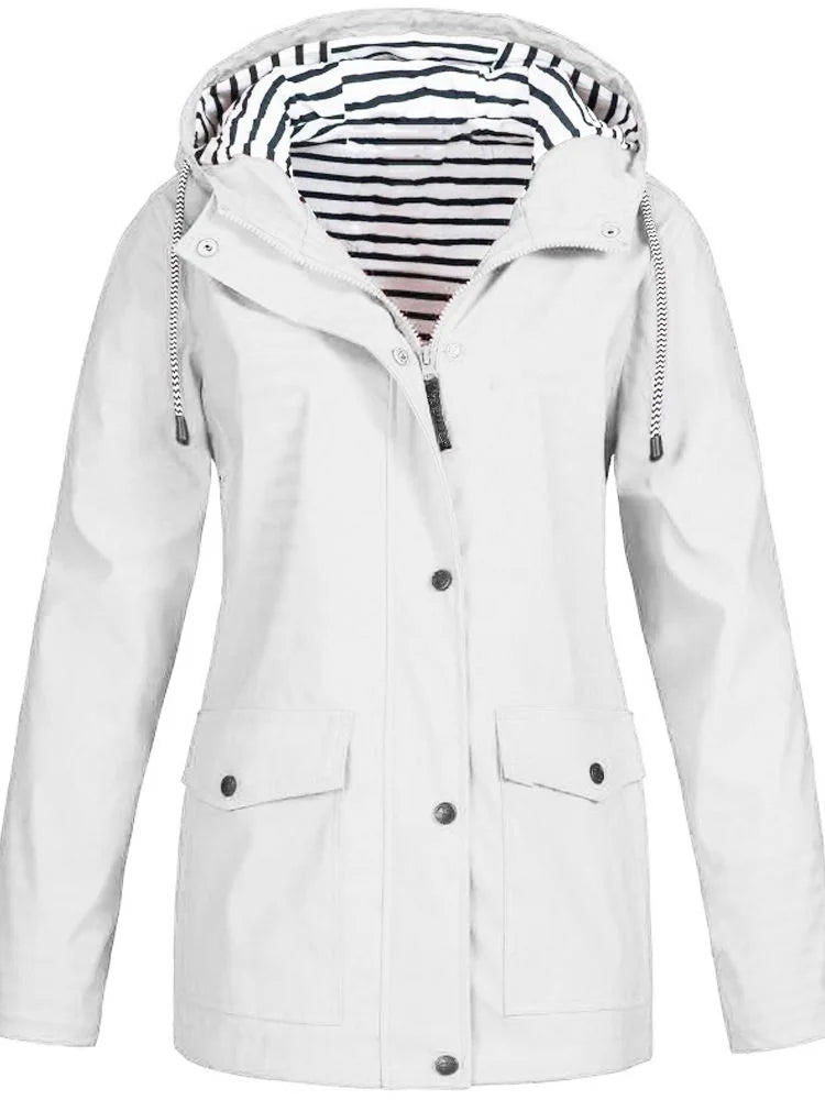 White Women's Rain Jacket With Hood — Siobhan Waterproof Striped-Lined Drawstring - Front Open