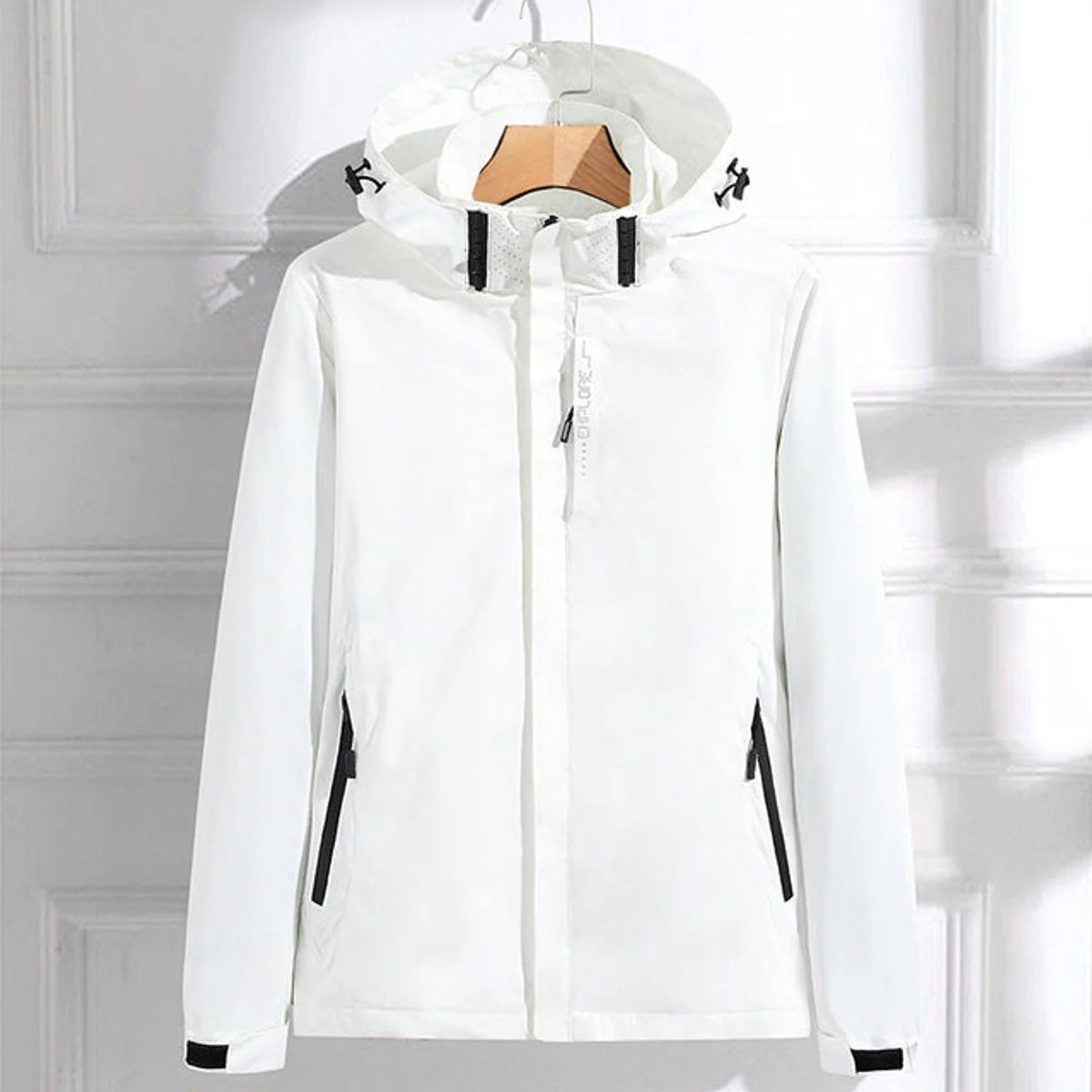 White Women's Rain Jacket With Hood — Kelly Zip-Up Adjustable Waterproof - Studio