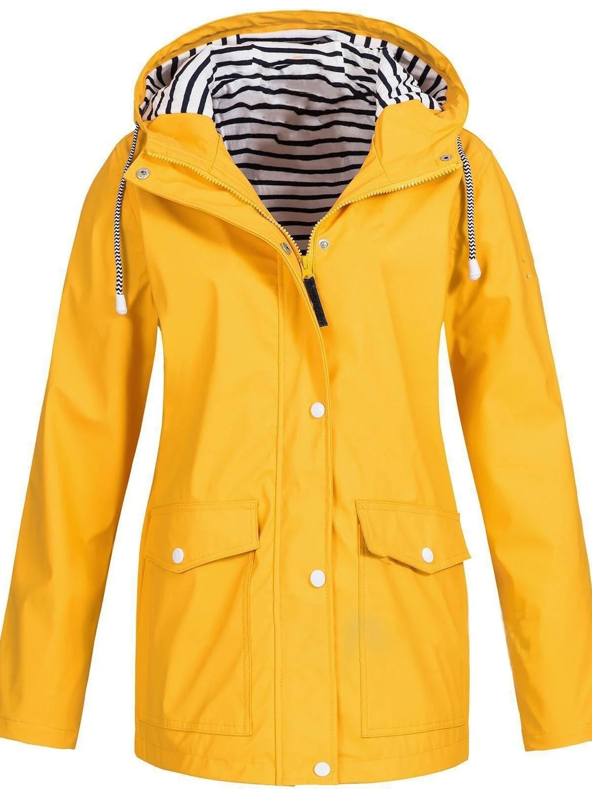 Yellow Women's Rain Jacket With Hood — Siobhan Waterproof Striped-Lined Drawstring - Front Full