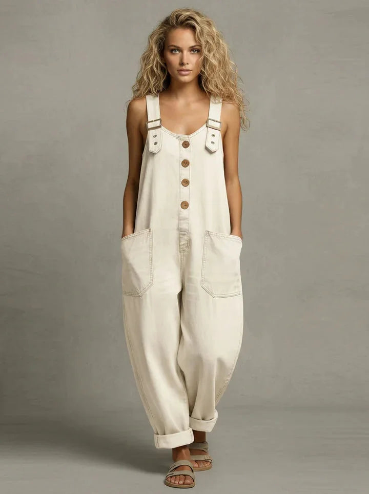 Beige Women's Relaxed Denim Jumpsuit — Elena Casual Button-Front Wide-Leg - Studio Front