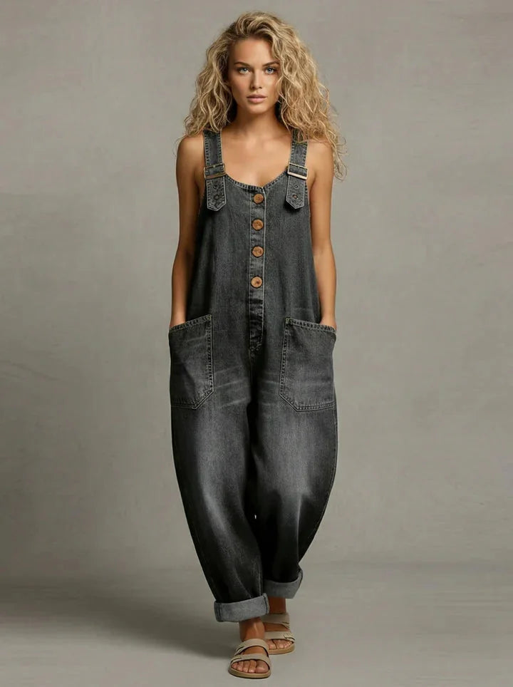 Black Women's Relaxed Denim Jumpsuit — Elena Casual Button-Front Wide-Leg - Front Standing