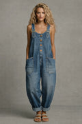 Blue Women's Relaxed Denim Jumpsuit — Elena Casual Button-Front Wide-Leg - Front Full