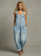 Women's Relaxed Denim Jumpsuit - Front Pose