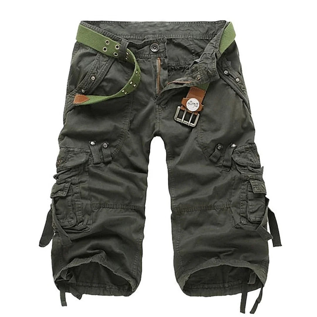 Army Men's Relaxed Fit Cargo Shorts — Dexter Belted Multi-Pocket Capri - Green Front Detail