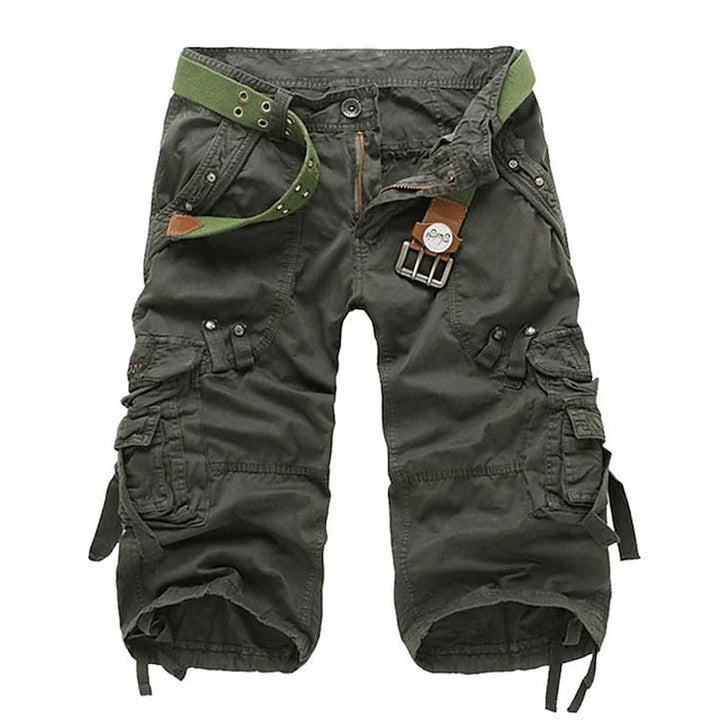 Army Men's Relaxed Fit Cargo Shorts — Dexter Belted Multi-Pocket Capri - Green Front Detail