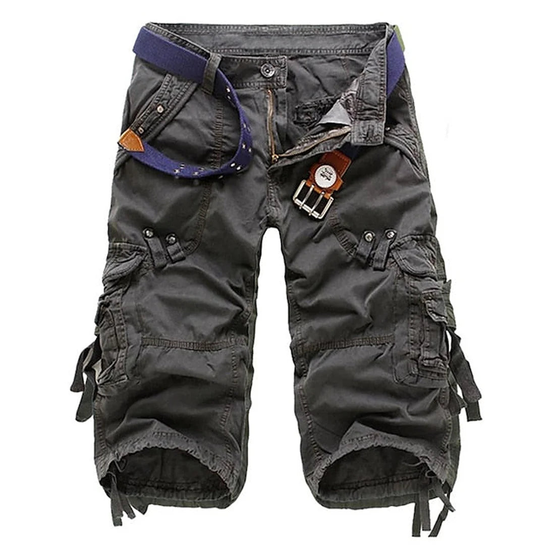 Dark Gray Men's Relaxed Fit Cargo Shorts — Dexter Belted Multi-Pocket Capri - Front Belted
