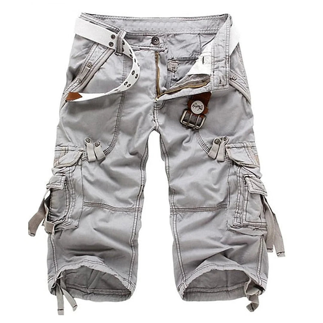 Light Gray Men's Relaxed Fit Cargo Shorts — Dexter Belted Multi-Pocket Capri - Front Studio