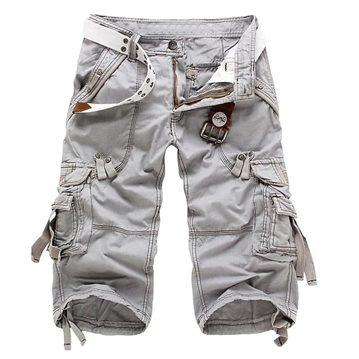 Light Gray Men's Relaxed Fit Cargo Shorts — Dexter Belted Multi-Pocket Capri - Front Studio