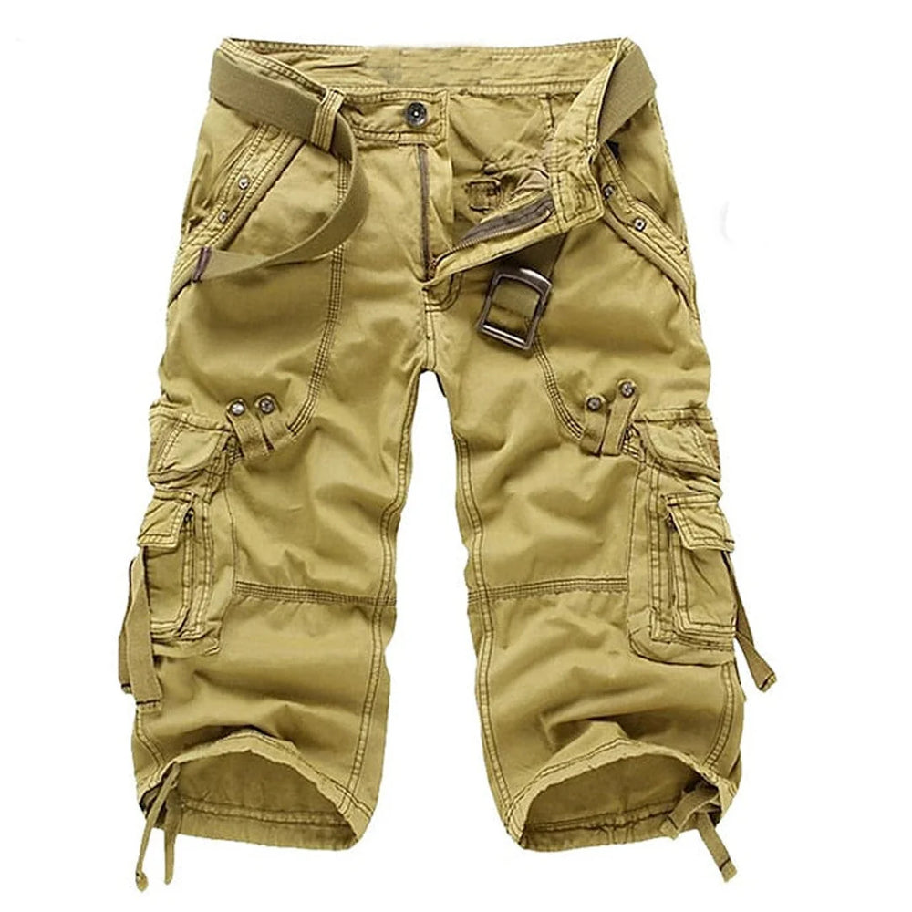 Yellow Men's Relaxed Fit Cargo Shorts — Dexter Belted Multi-Pocket Capri - Front Flat