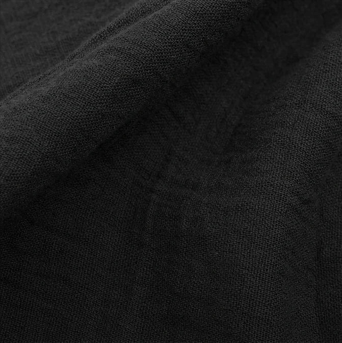 Black Women's V-Neck Linen Blouse — Mabel Relaxed Curved-Hem Three-Quarter Sleeve - Fabric Texture Closeup