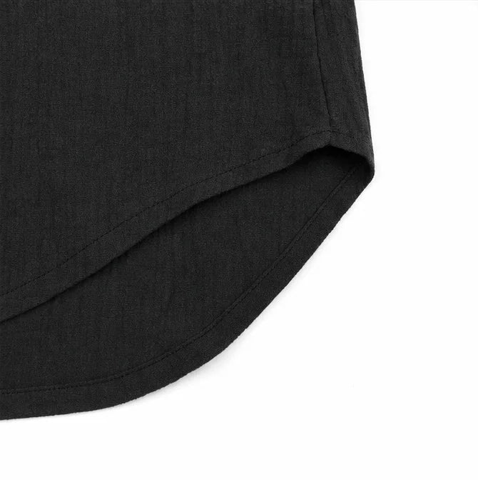 Black Women's V-Neck Linen Blouse — Mabel Relaxed Curved-Hem Three-Quarter Sleeve - Flat Hem Detail