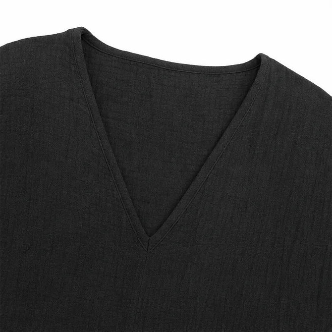 Black Women's V-Neck Linen Blouse — Mabel Relaxed Curved-Hem Three-Quarter Sleeve - Flat Neckline Detail