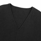 Black Women's V-Neck Linen Blouse — Mabel Relaxed Curved-Hem Three-Quarter Sleeve - Flat Neckline Detail