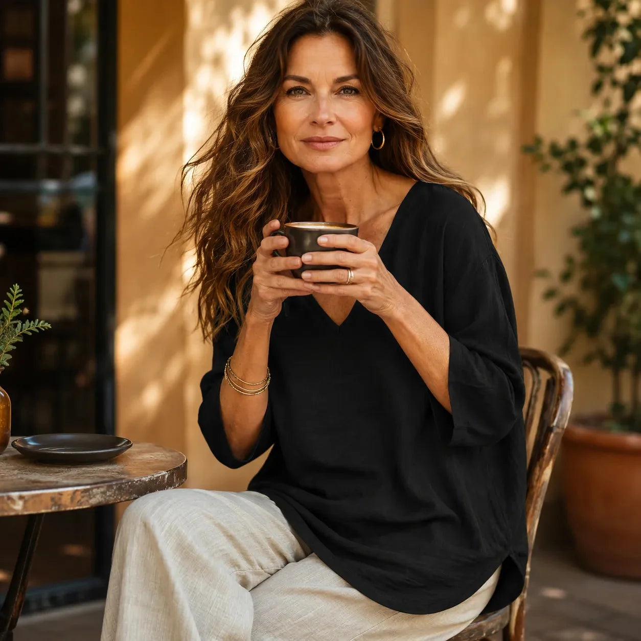 Black Women's V-Neck Linen Blouse — Mabel Relaxed Curved-Hem Three-Quarter Sleeve - Seated Lifestyle