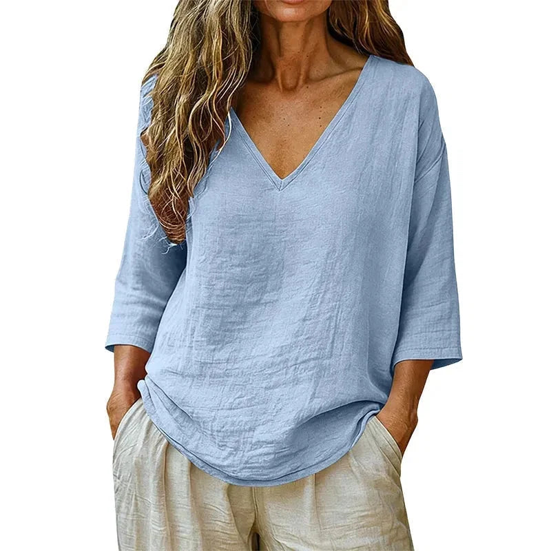 Blue Women's V-Neck Linen Blouse — Mabel Relaxed Curved-Hem Three-Quarter Sleeve - Studio Front