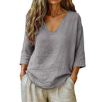 Gray Women's V-Neck Linen Blouse — Mabel Relaxed Curved-Hem Three-Quarter Sleeve - Studio Front