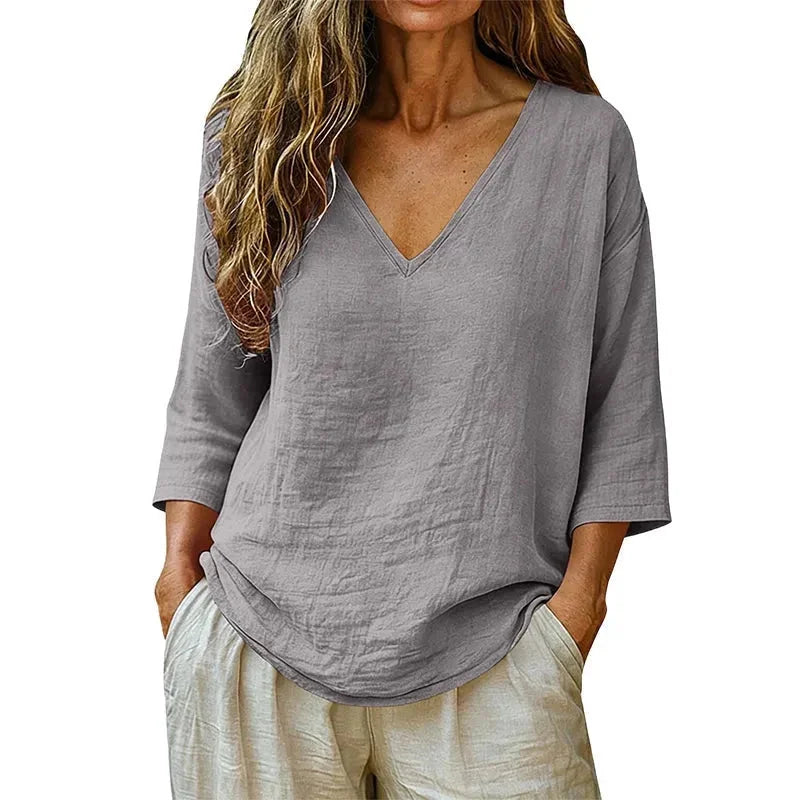 Gray Women's V-Neck Linen Blouse — Mabel Relaxed Curved-Hem Three-Quarter Sleeve - Studio Front