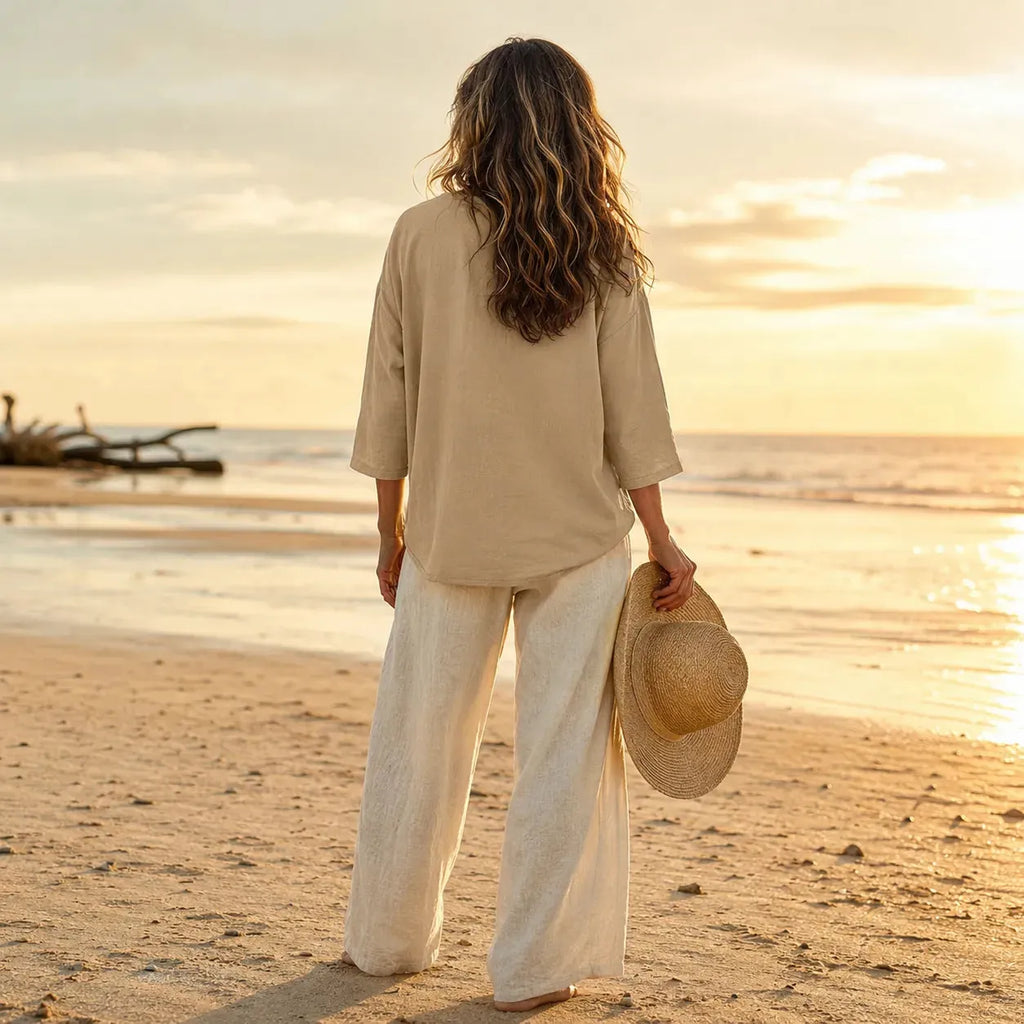 Khaki Women's V-Neck Linen Blouse — Mabel Relaxed Curved-Hem Three-Quarter Sleeve - Back Full Beach