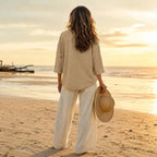 Khaki Women's V-Neck Linen Blouse — Mabel Relaxed Curved-Hem Three-Quarter Sleeve - Back Full Beach