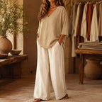 Khaki Women's V-Neck Linen Blouse — Mabel Relaxed Curved-Hem Three-Quarter Sleeve - Front Full Outfit