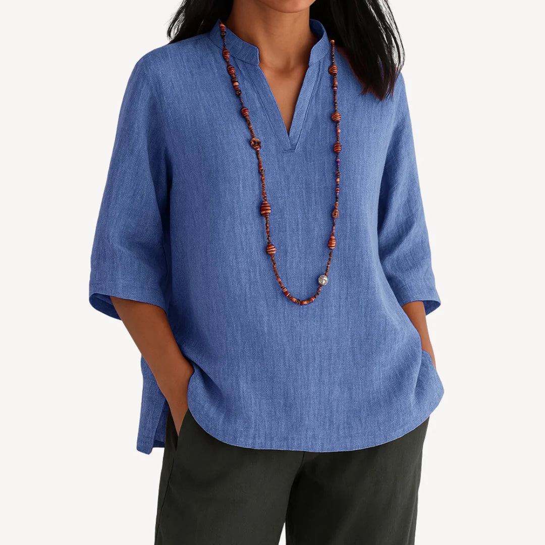 Blue Women's V-Neck Tunic Tops — Jessica Relaxed-Fit Linen Three-Quarter Sleeve - Front Full