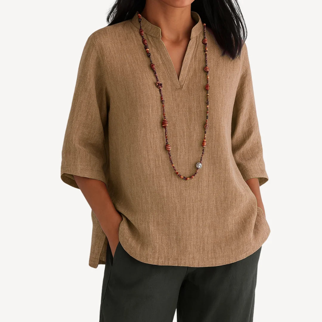 Brown Women's V-Neck Tunic Tops — Jessica Relaxed-Fit Linen Three-Quarter Sleeve - Front Pose