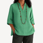 Green Women's V-Neck Tunic Tops — Jessica Relaxed-Fit Linen Three-Quarter Sleeve - Front Detail