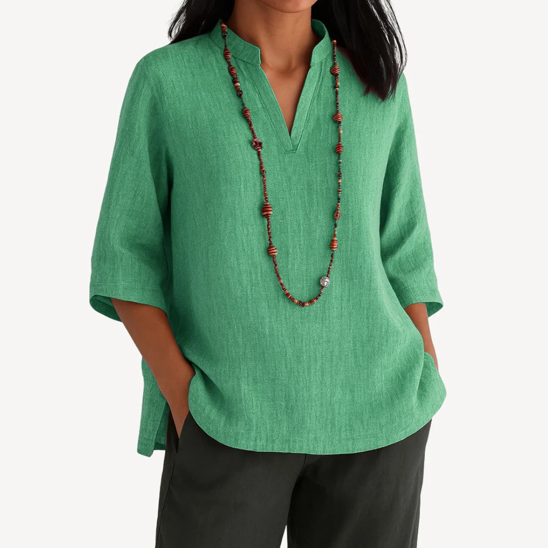 Green Women's V-Neck Tunic Tops — Jessica Relaxed-Fit Linen Three-Quarter Sleeve - Front Detail
