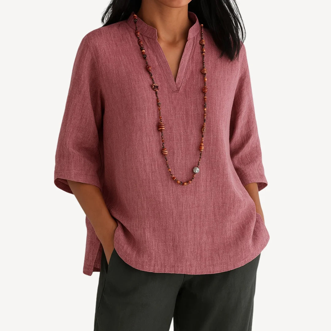 Red Women's V-Neck Tunic Tops — Jessica Relaxed-Fit Linen Three-Quarter Sleeve - Worn Lifestyle