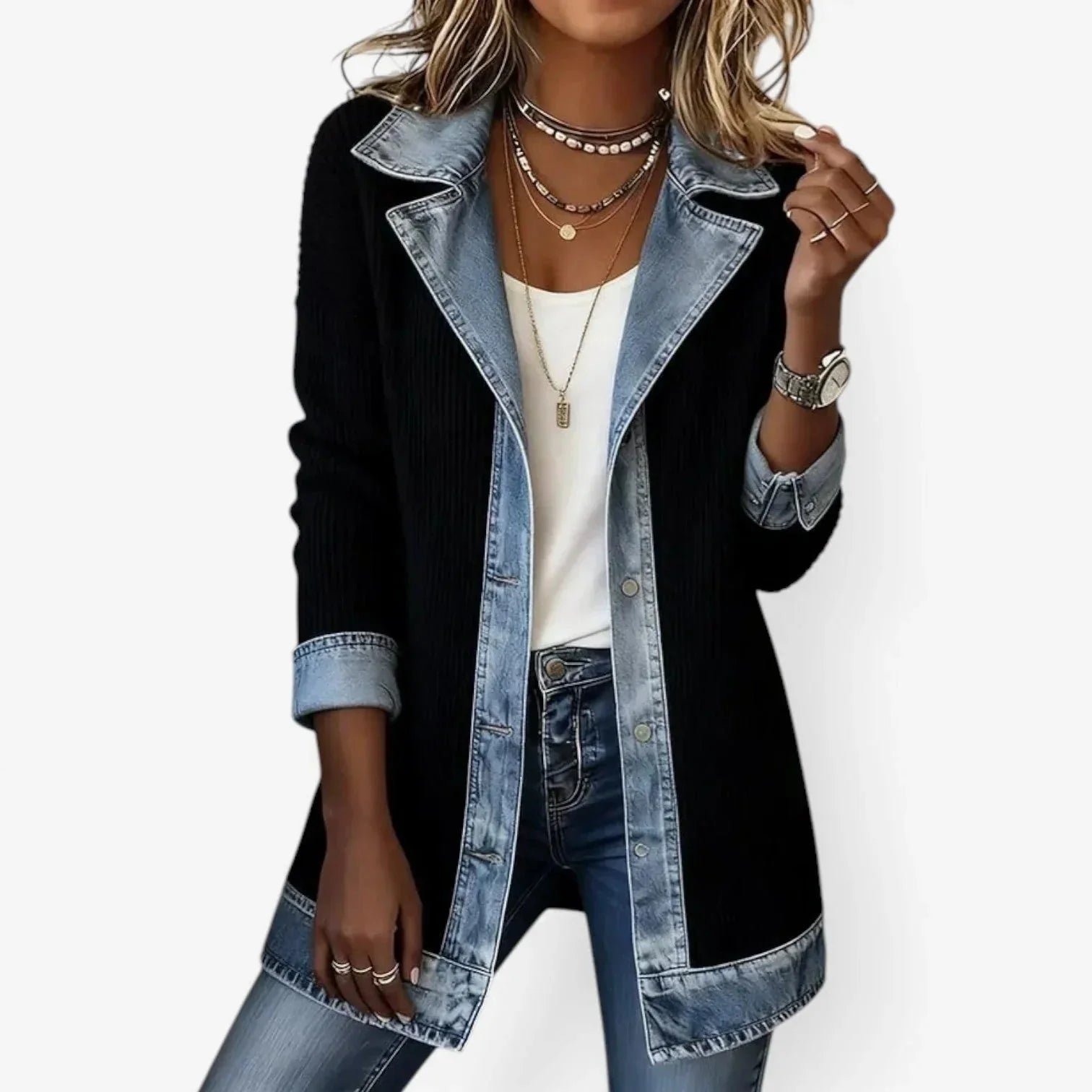 Black Women's Ribbed Denim Blazer — Sofie Button-Front Long-Line Contrast - Front Pose