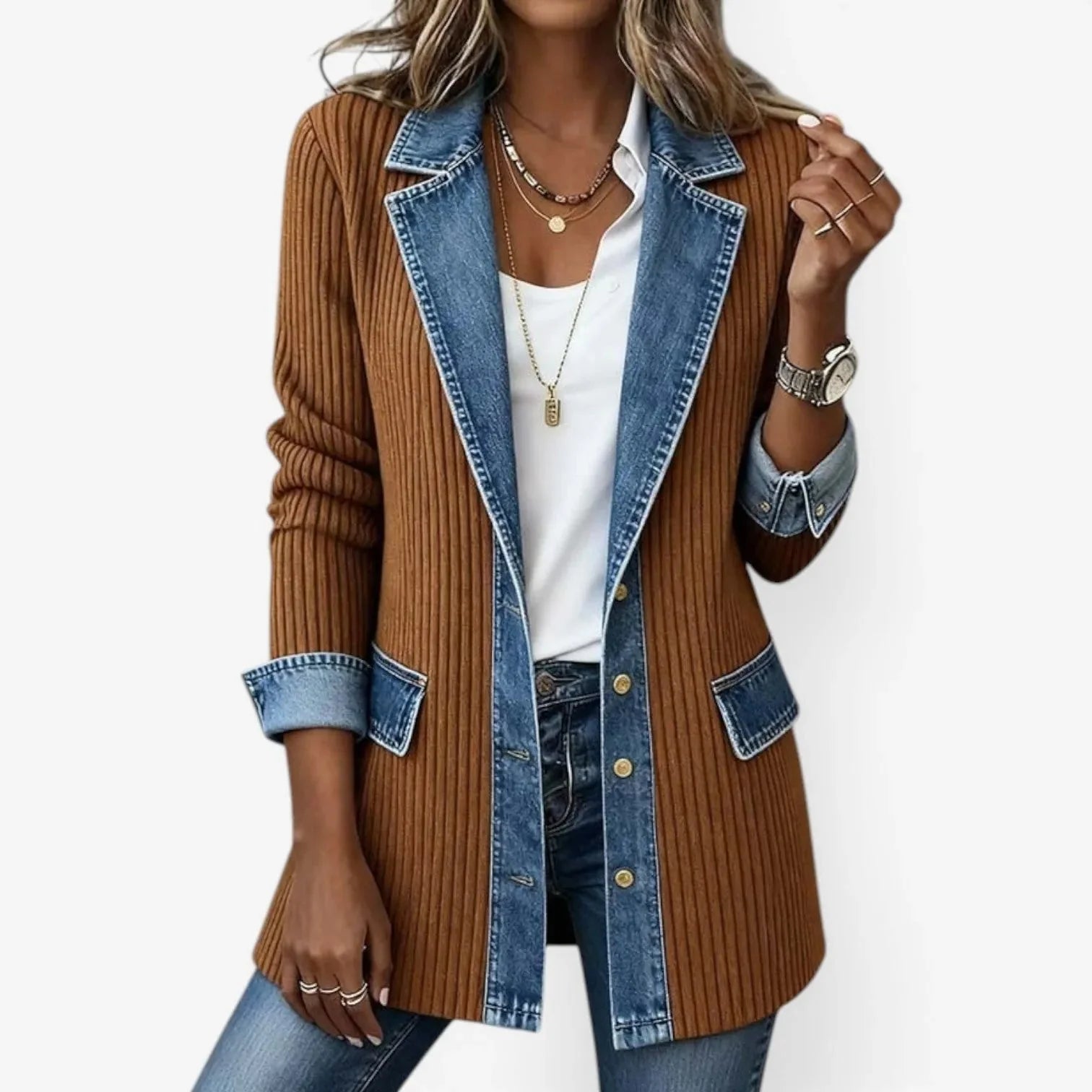 Brown Women's Ribbed Denim Blazer — Sofie Button-Front Long-Line Contrast - Front Styled