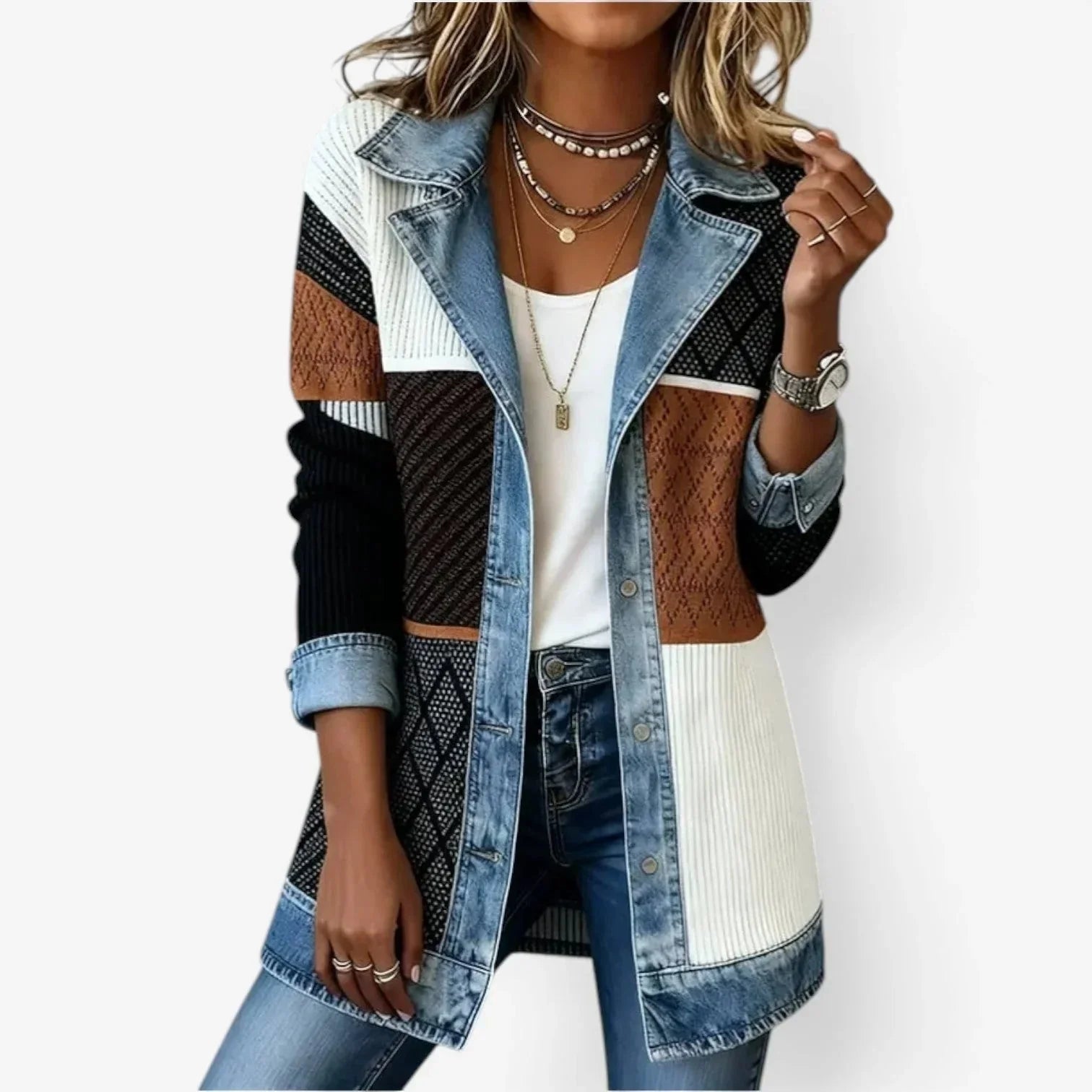 Brown Women's Ribbed Denim Blazer — Sofie Button-Front Long-Line Contrast - Patchwork Detail
