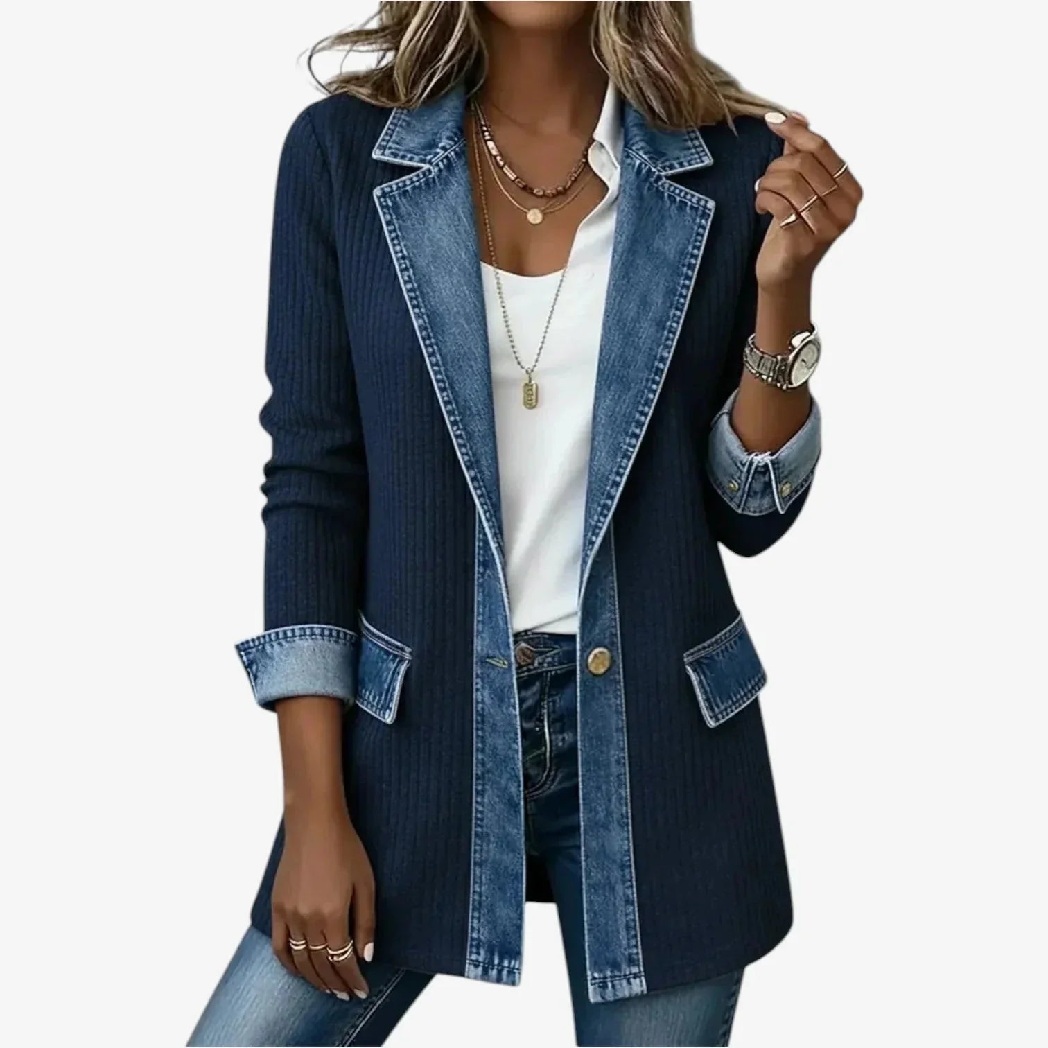 Navy Women's Ribbed Denim Blazer — Sofie Button-Front Long-Line Contrast - Front Professional