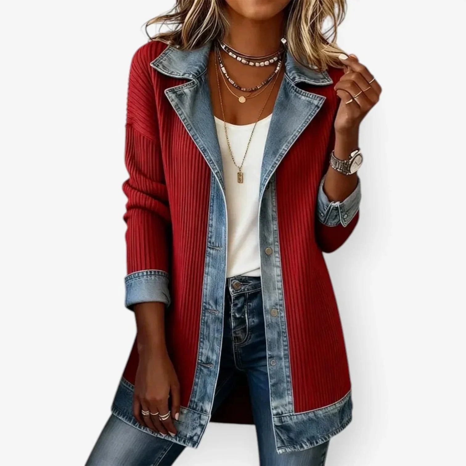 Red Women's Ribbed Denim Blazer — Sofie Button-Front Long-Line Contrast - Front Casual