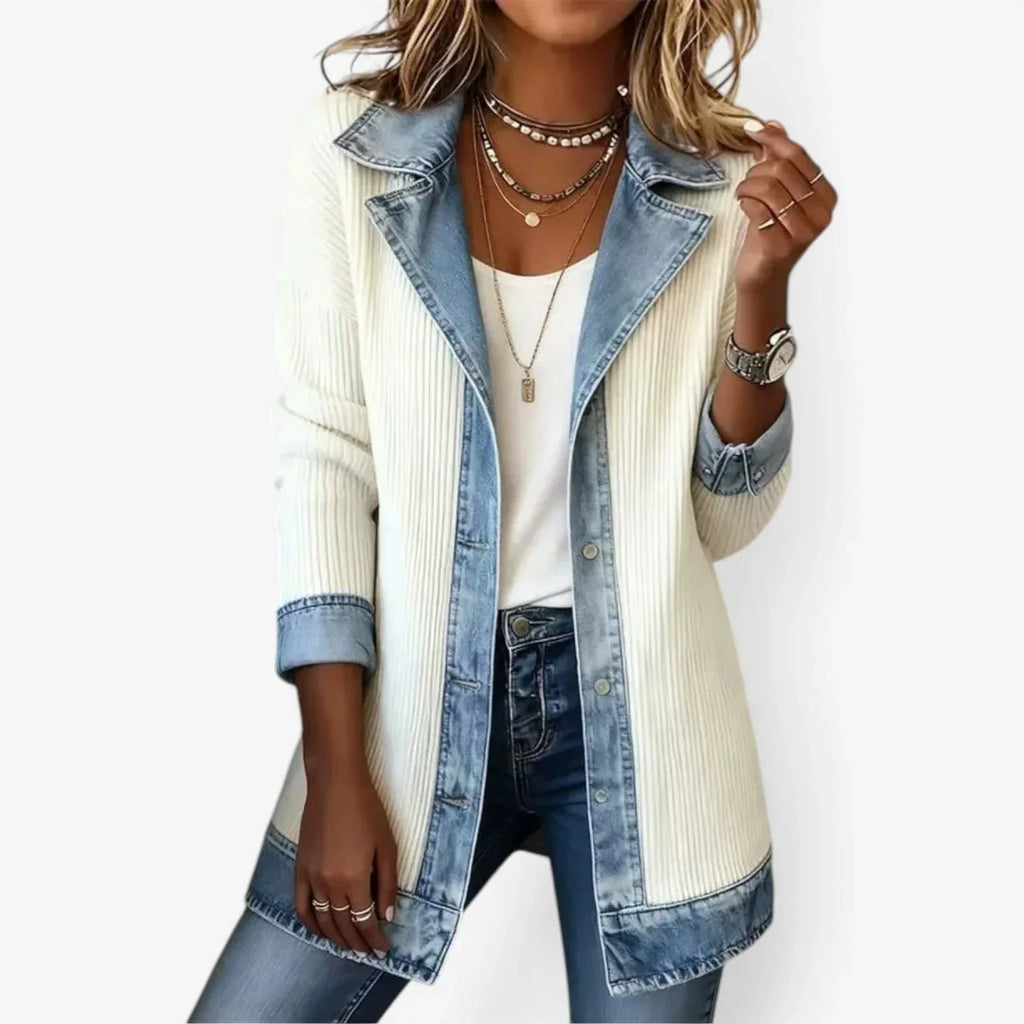 White Women's Ribbed Denim Blazer — Sofie Button-Front Long-Line Contrast - Front Full