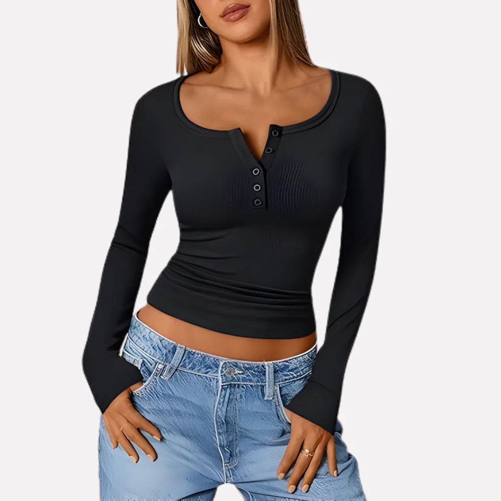Black Women's Long Sleeve Henley Top — June Ribbed Button-Front Fitted - Front Crop