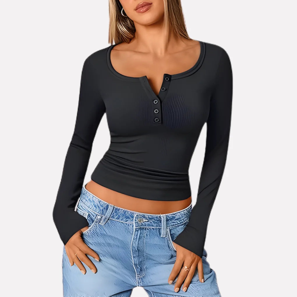Black Women's Long Sleeve Henley Top — June Ribbed Button-Front Fitted - Hand In Pocket