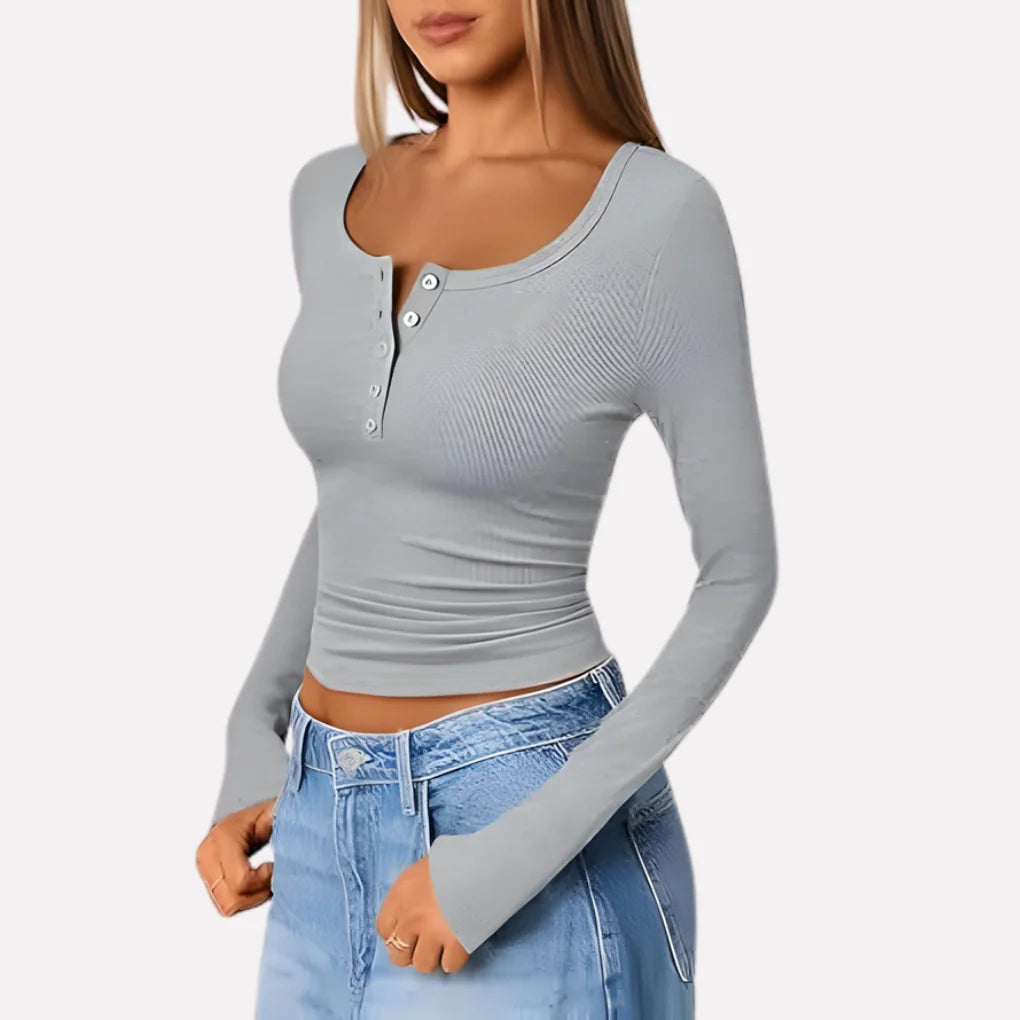 Gray Women's Long Sleeve Henley Top — June Ribbed Button-Front Fitted - Side Pose