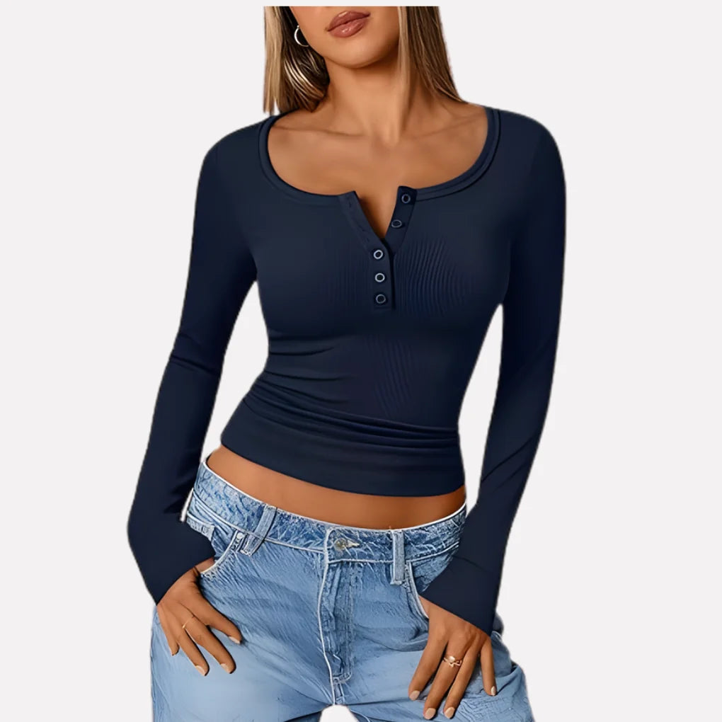 Navy Blue Women's Long Sleeve Henley Top — June Ribbed Button-Front Fitted - Front Close