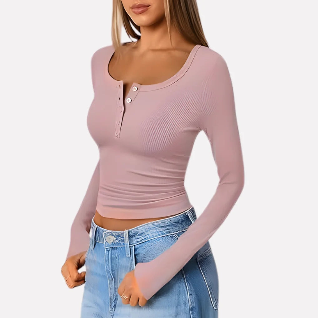 Pink Women's Long Sleeve Henley Top — June Ribbed Button-Front Fitted - Side Close