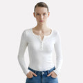 White Women's Long Sleeve Henley Top — June Ribbed Button-Front Fitted - Front Full