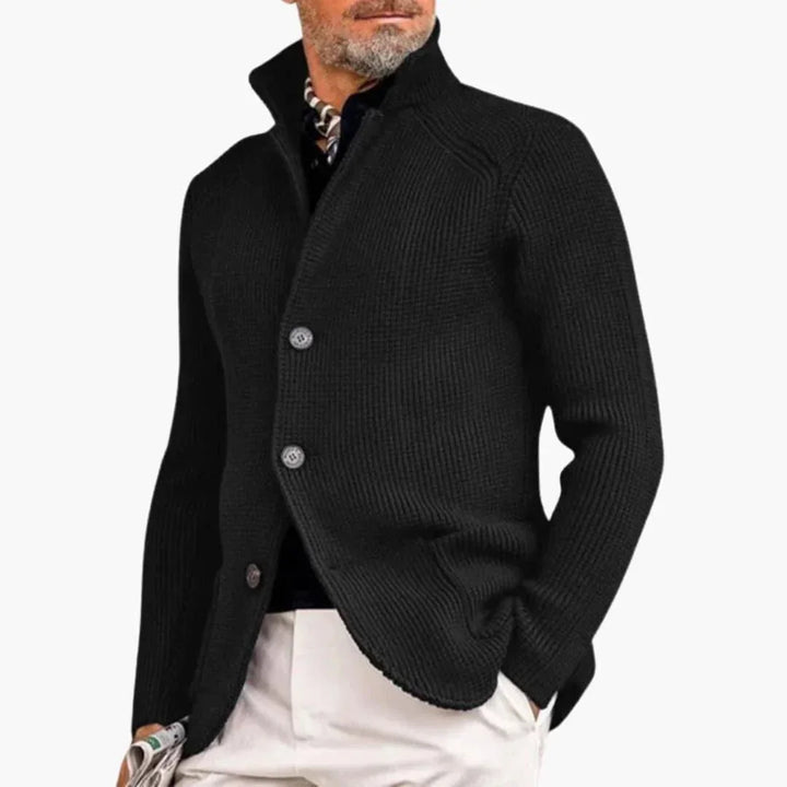 Black Men's Ribbed Knit Button Cardigan — Dexter Relaxed Stand-Collar Layering - Side Pose