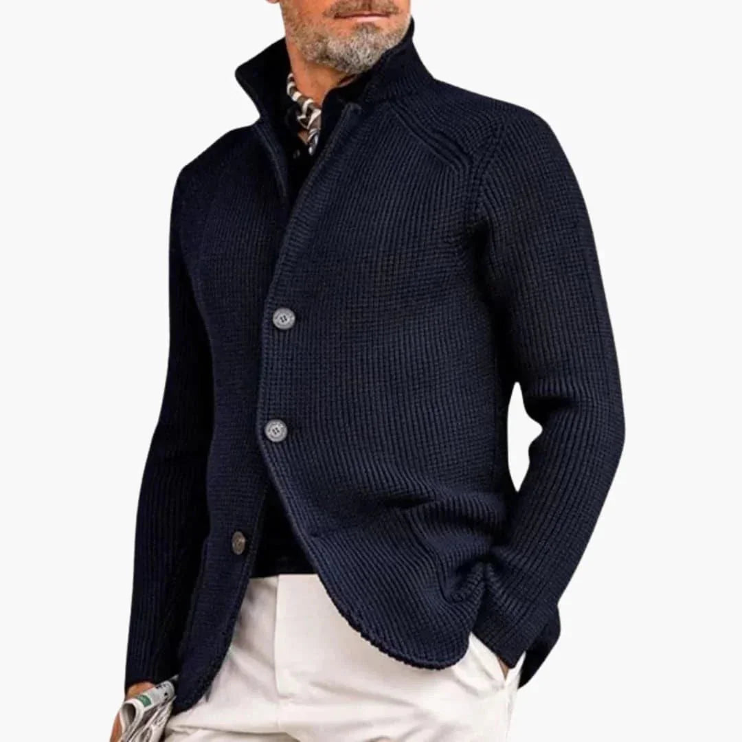 Light Blue Men's Ribbed Knit Button Cardigan — Dexter Relaxed Stand-Collar Layering - Front Full