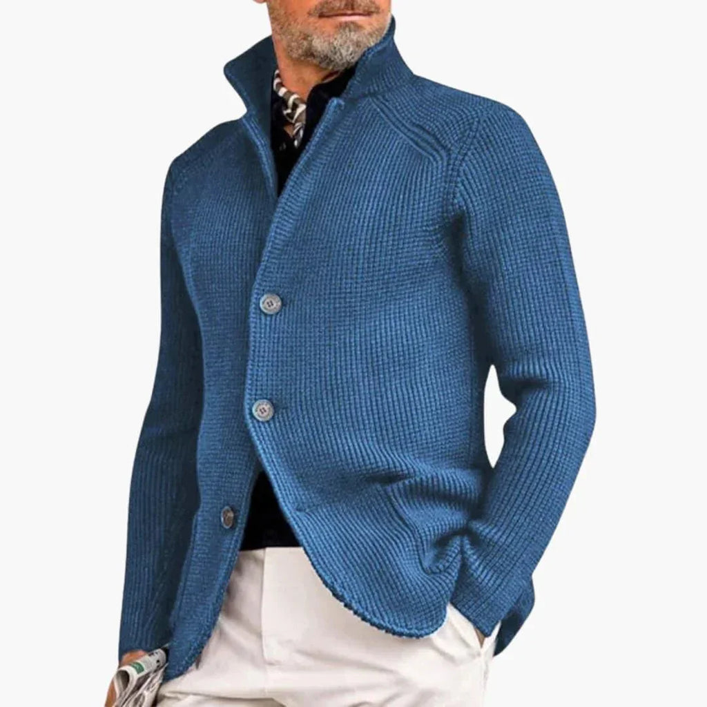 Blue Men's Ribbed Knit Button Cardigan — Dexter Relaxed Stand-Collar Layering - Studio White
